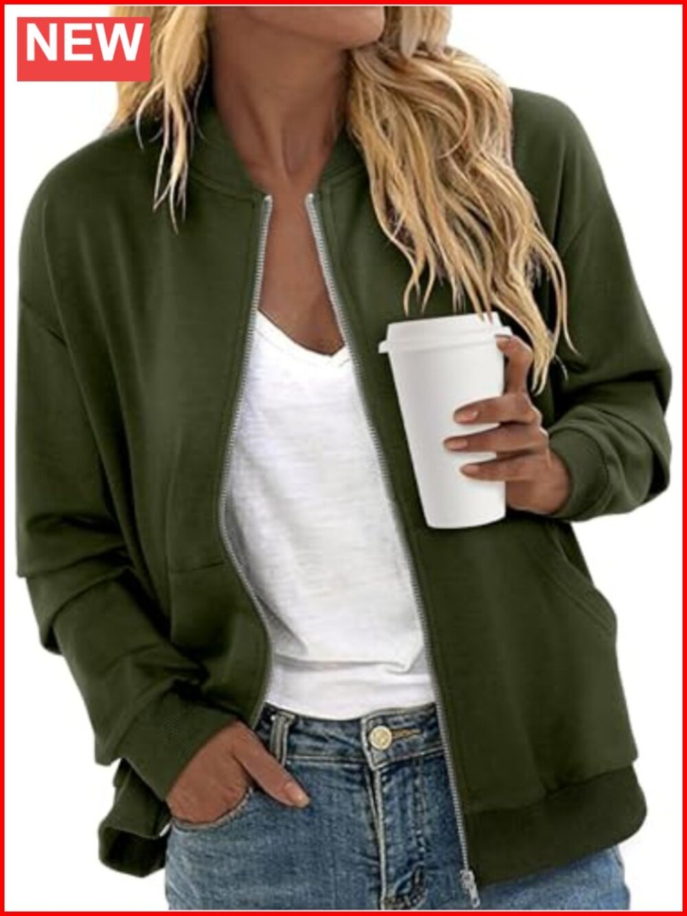 Women's Zip Up Bomber Jacket Long Sleeve Casual Sweatshirt with Pockets